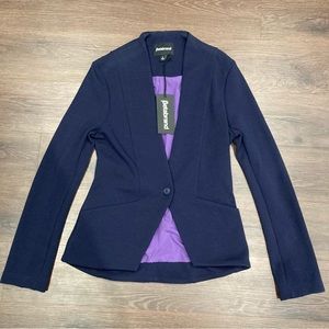 Betabrand Collarless Yoga Blazer Navy Crepe Small S Stretch Comfort NWT